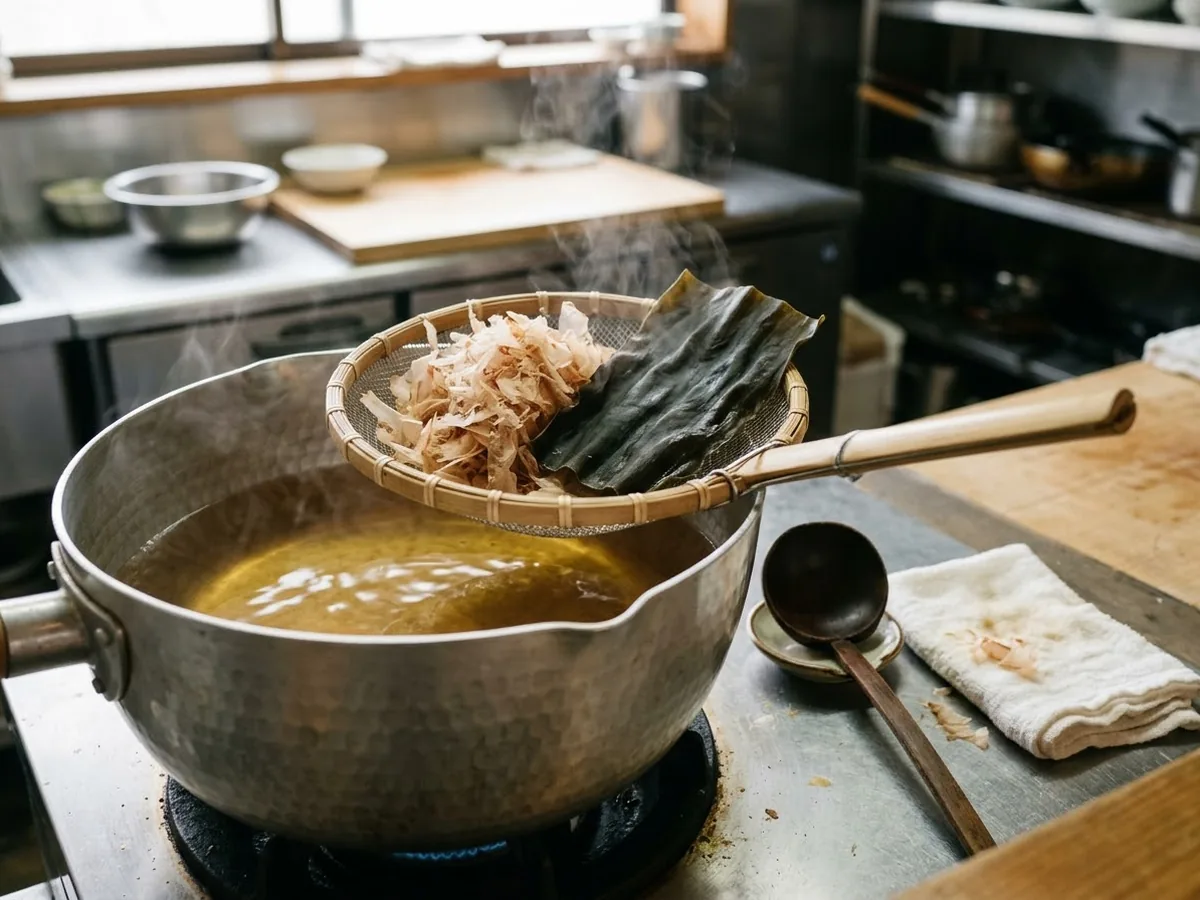 昆布と鰹節を入れて、だしを引いている鍋の写真（AIで作成したイメージ）